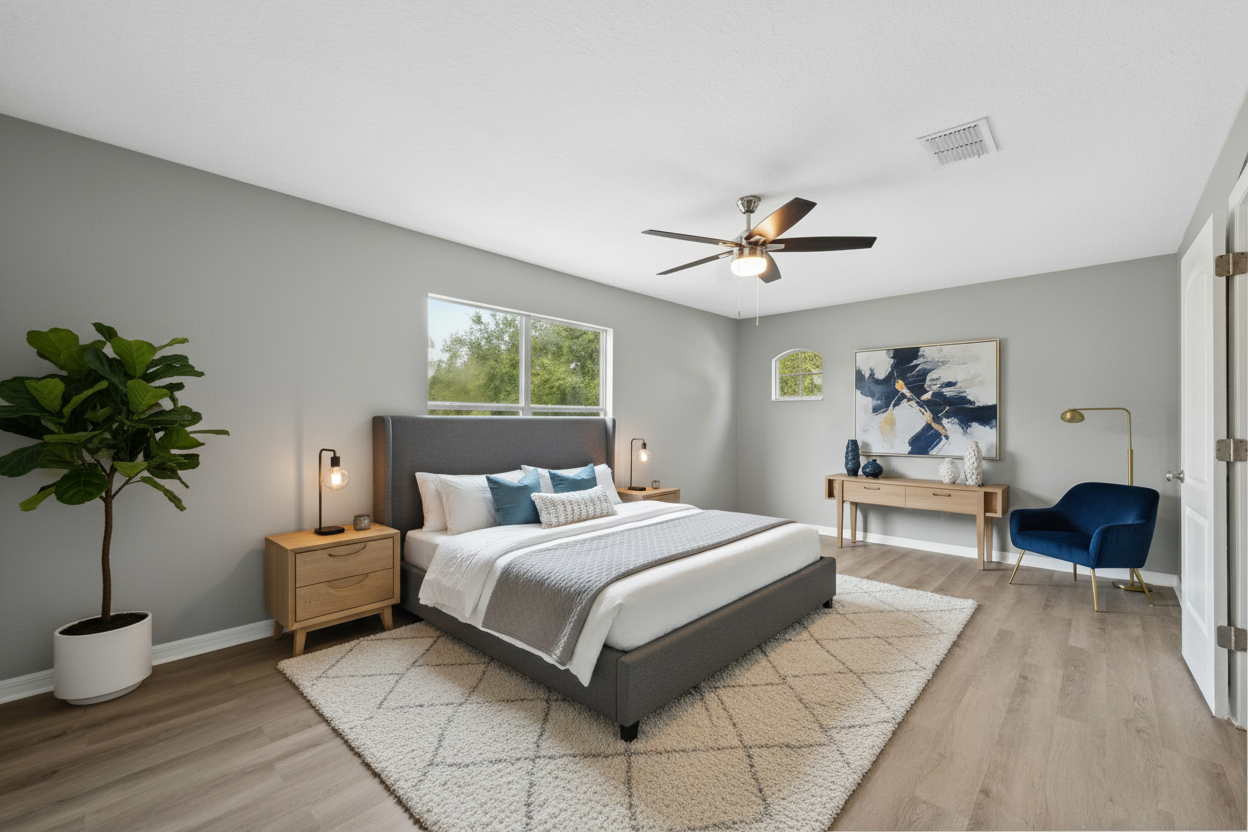 Beautifully staged bedroom after AI transformation